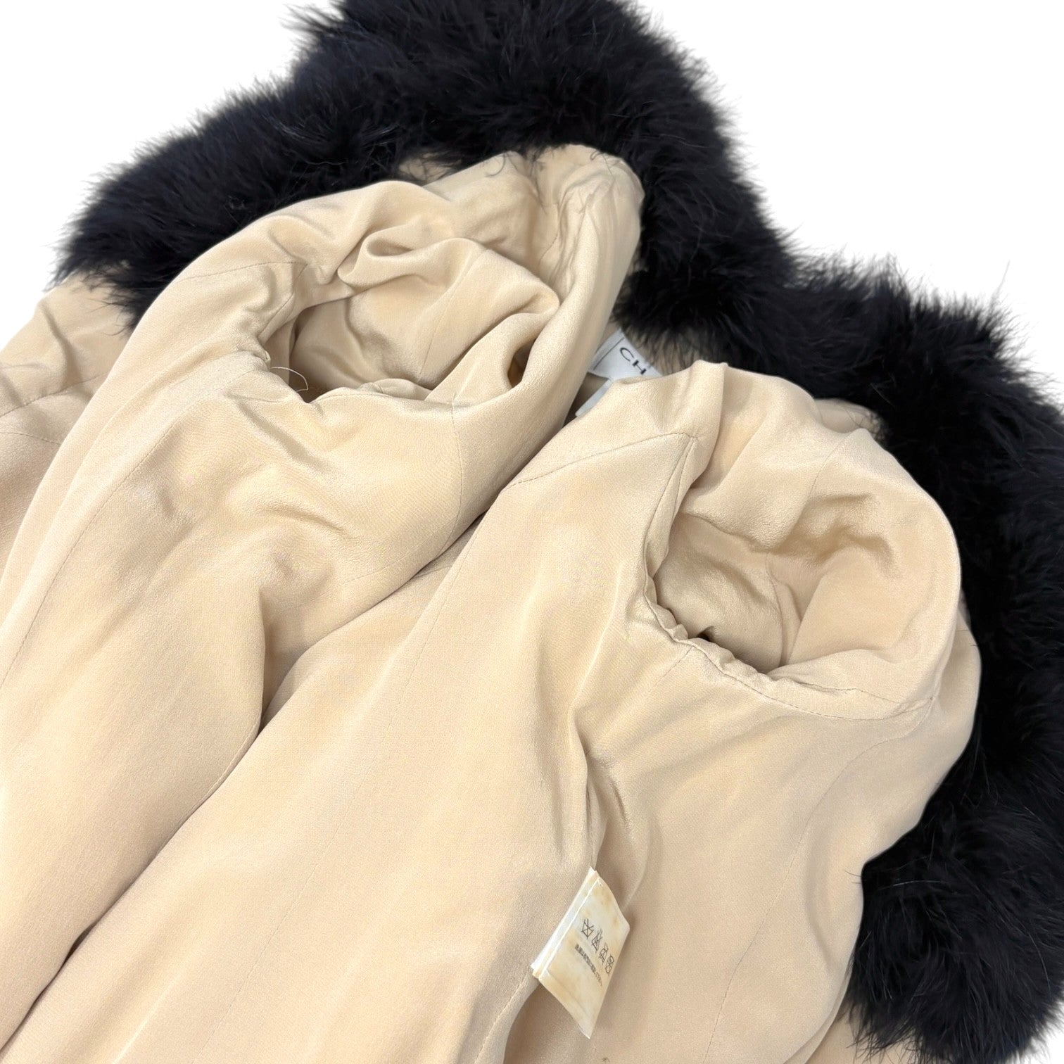 CHANEL Vintage 00A CC Logo Tweed Long Coat Fur Jacket #38 Zip Cream Black Wool