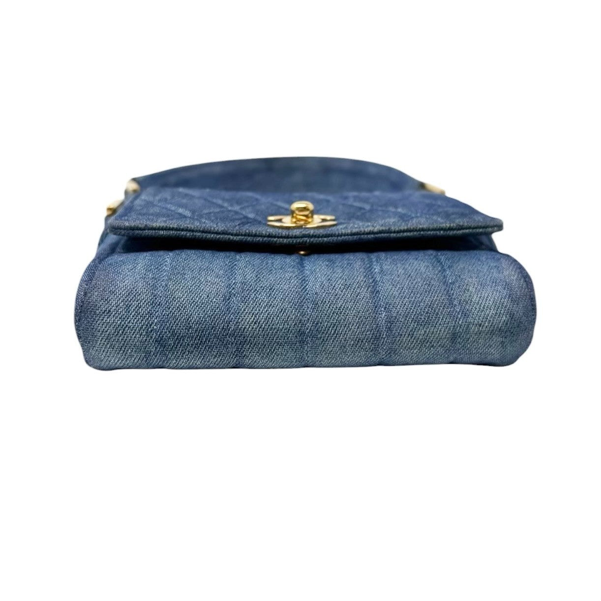 CHANEL Vintage CC Logo Turnlock Quilted Denim Flap Shoulder Bag Blue Gold