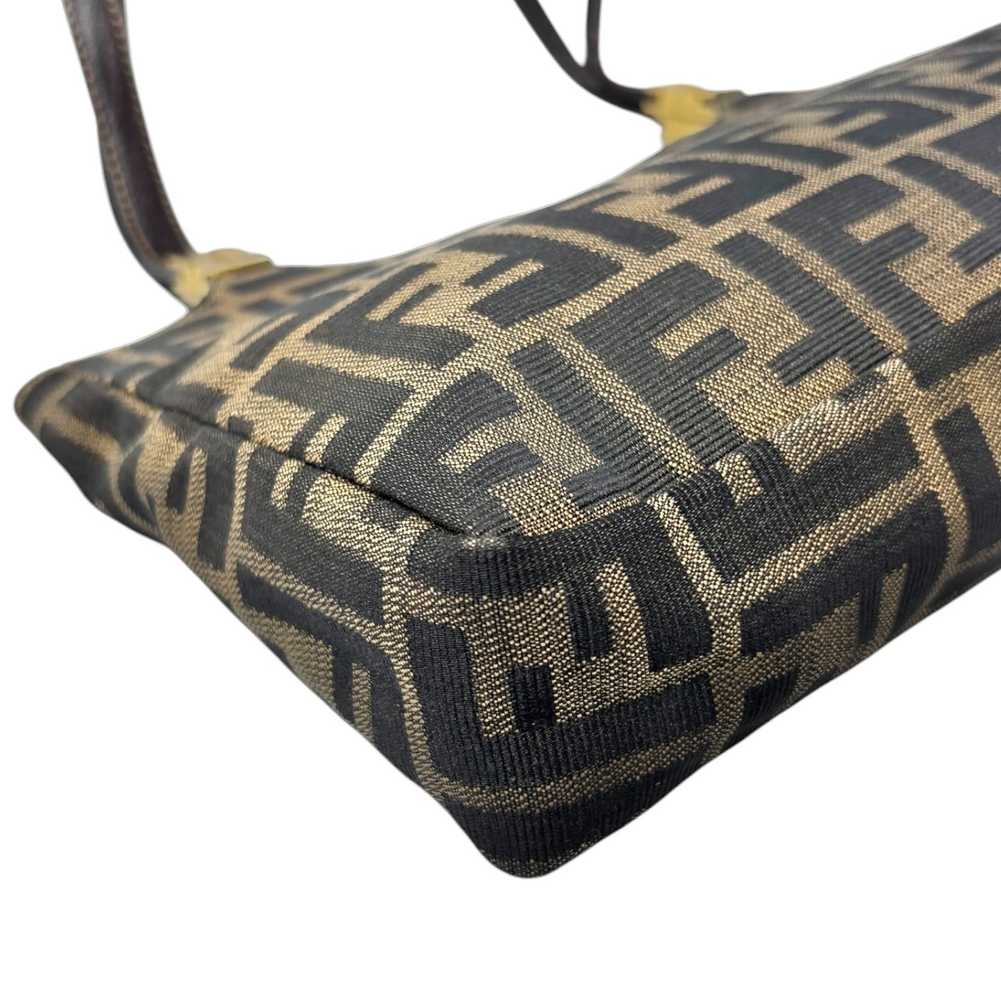 FENDI Vintage FF Zucca Monogram Canvas Shoulder Bag Brown Gold Leather 902063