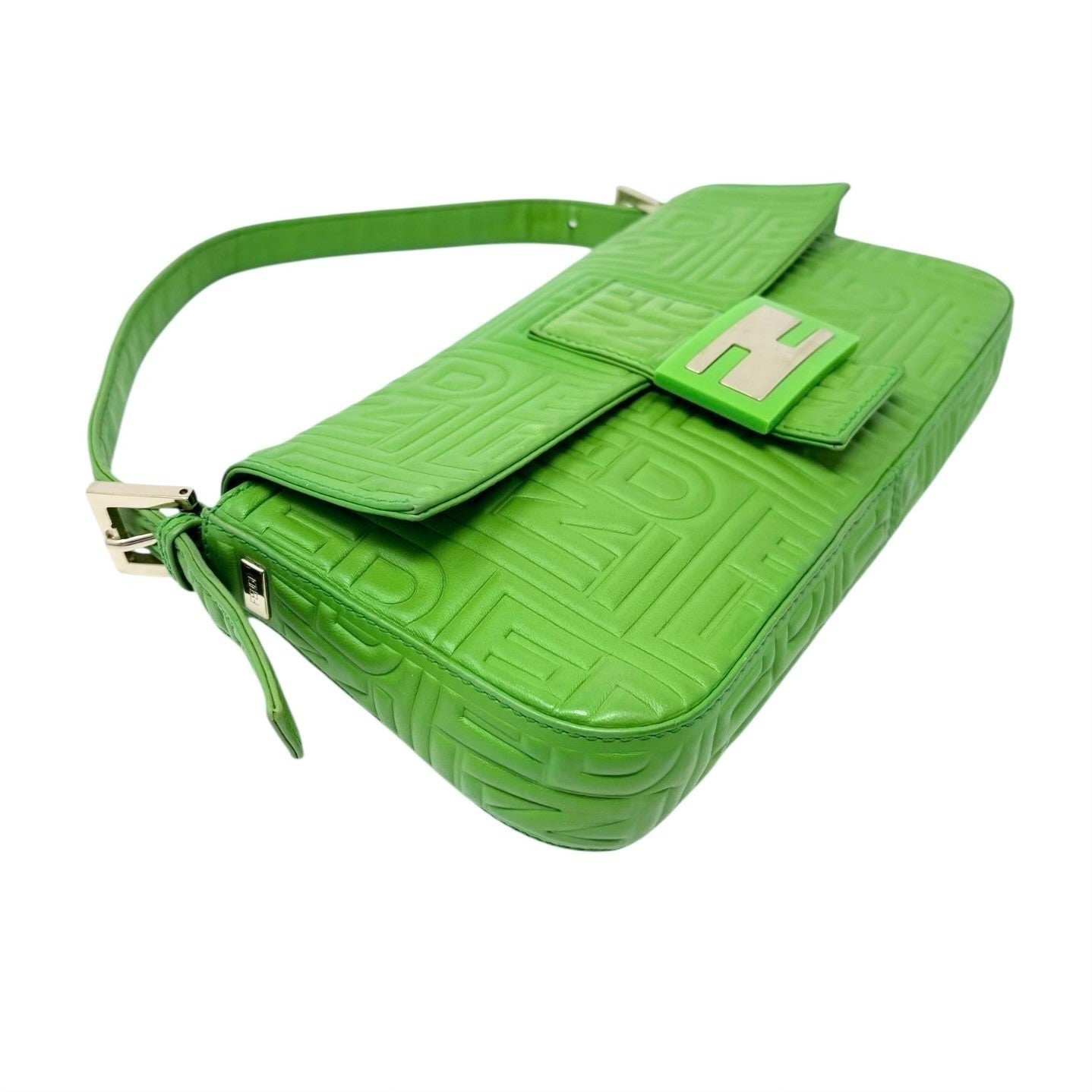FENDI Vintage FF Logo Embossed Mamma Baguette Shoulder Bag Green Leather Silver