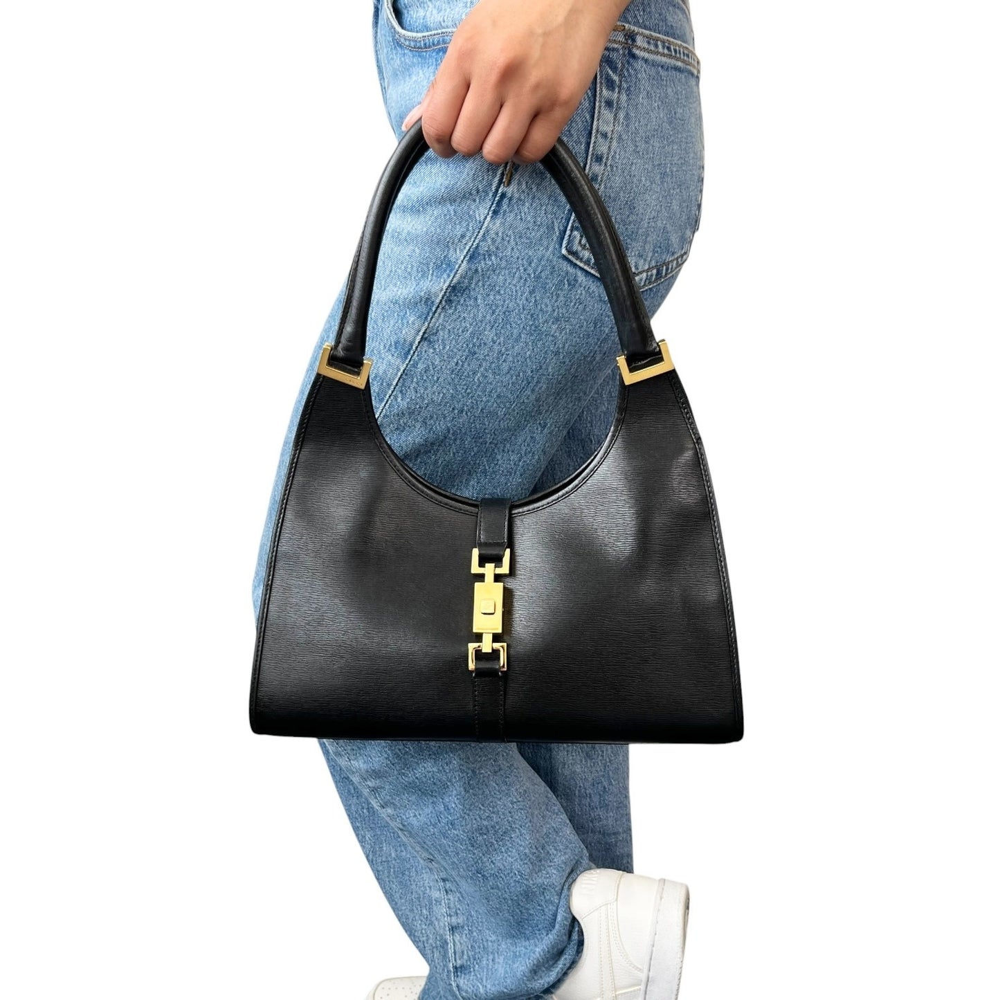 GUCCI Vintage Jackie Logo Shoulder Hobo Bag Handbag Black Gold Leather 902098