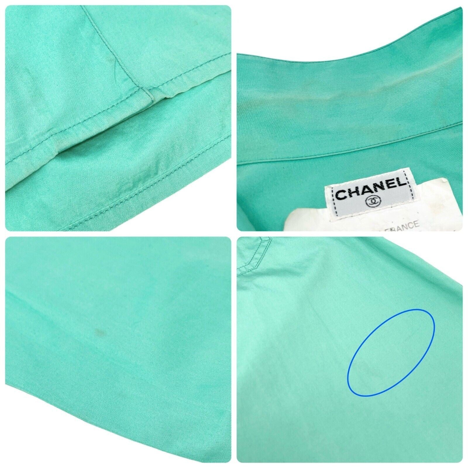 CHANEL Vintage P04883 CC Logo Shirt Top #44 Button Up Light Green Gold Cotton