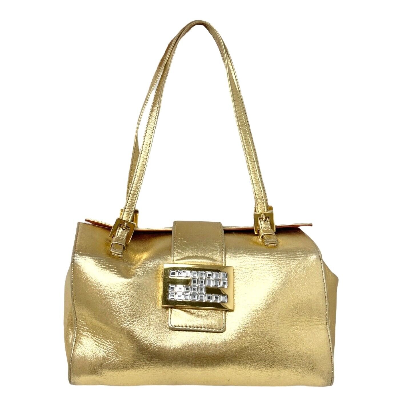 FENDI Vintage FF Logo Bijou Vanity Box Baguette Mini Bag Gold Leather Rank AB