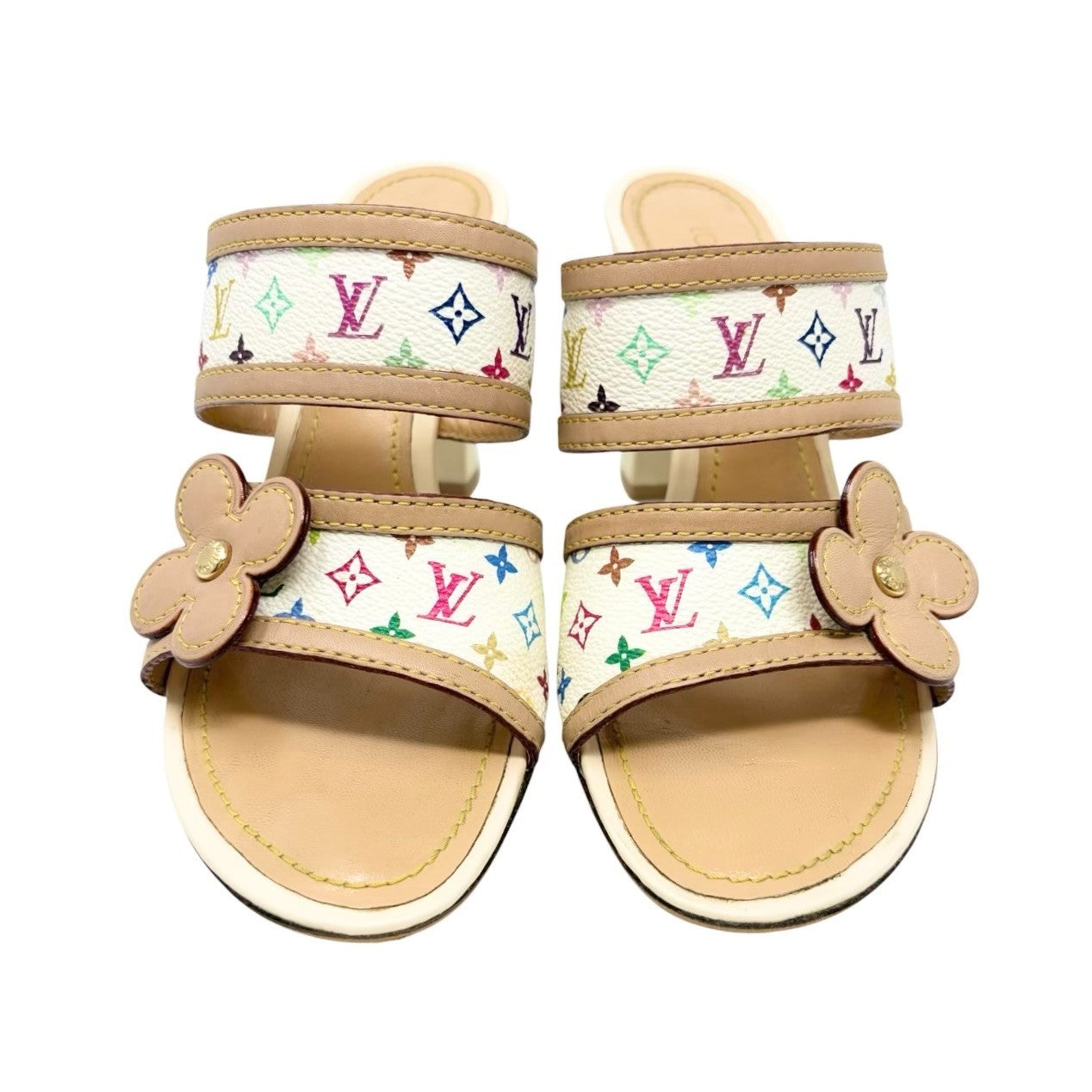 LOUIS VUITTON Vintage Monogram Multicolor Flower Sandals Heels #37 White 902030