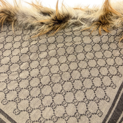 GUCCI Vintage GG Monogram Fox Fur Shawl Scarf Wrap Brown Gray Wool Silk 902842