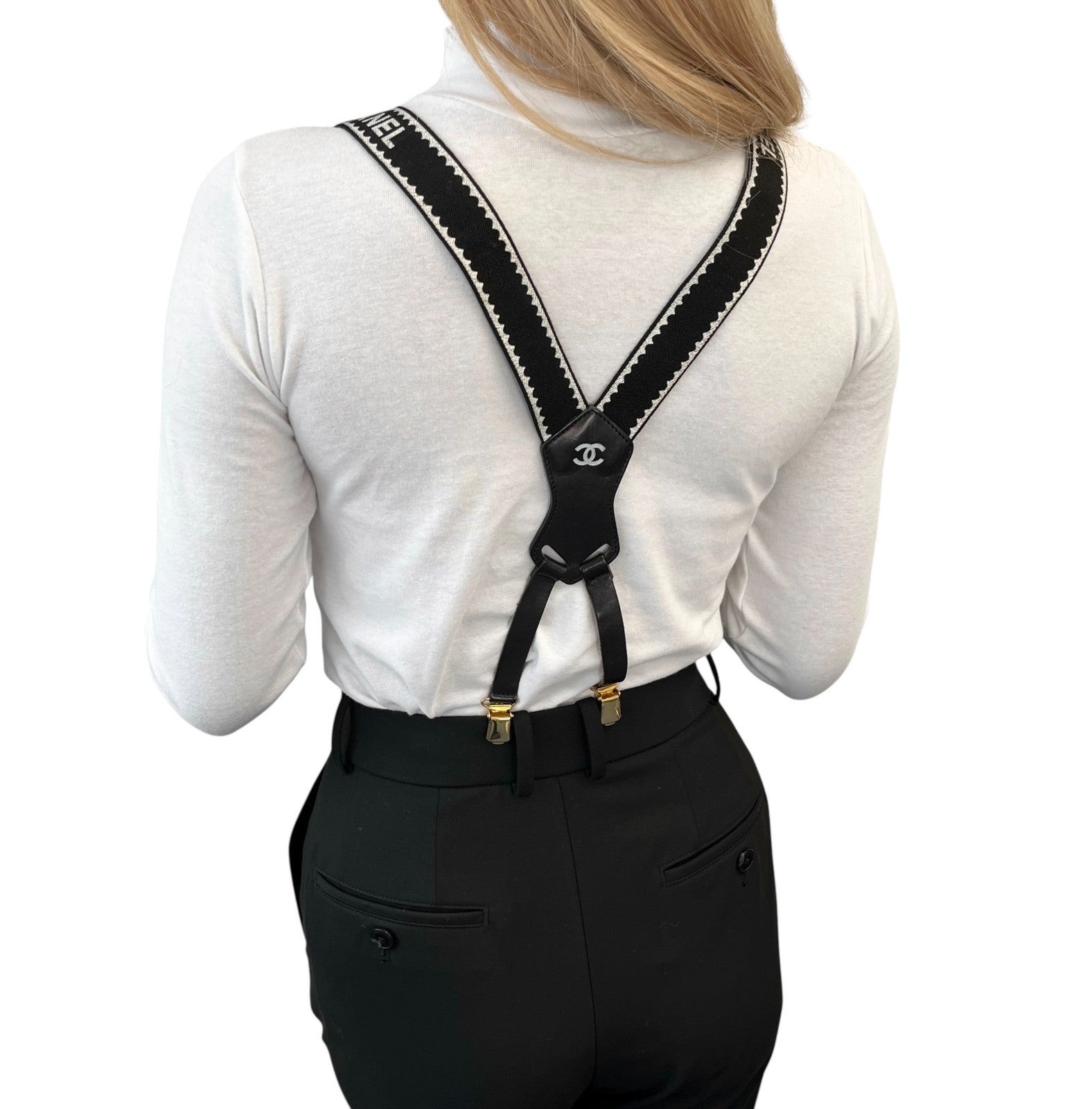 CHANEL Vintage 1994 CC Logo Letter Suspender Belt Black White Cotton Leather