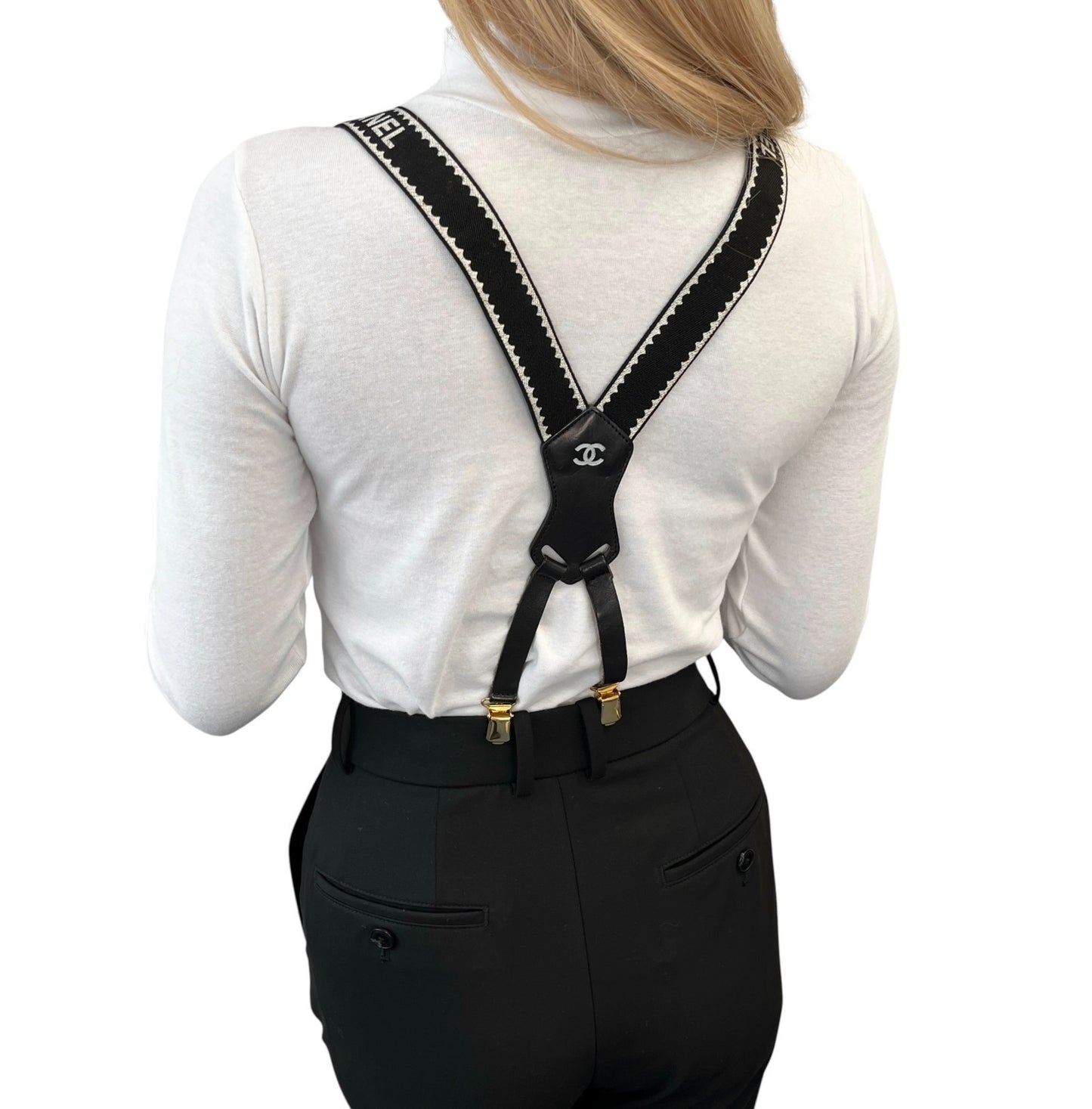 CHANEL Vintage 1994 CC Logo Letter Suspender Belt Black White Cotton Leather