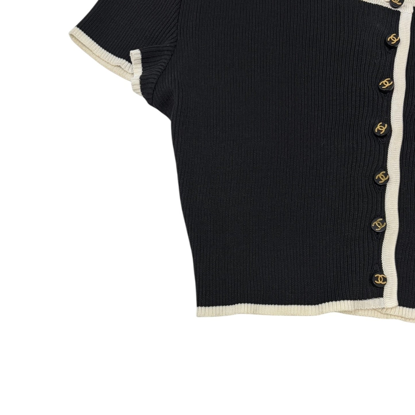 CHANEL Vintage 95P CC Logo Button Knit Cropped Ribbed T-shirt Top #42 Black