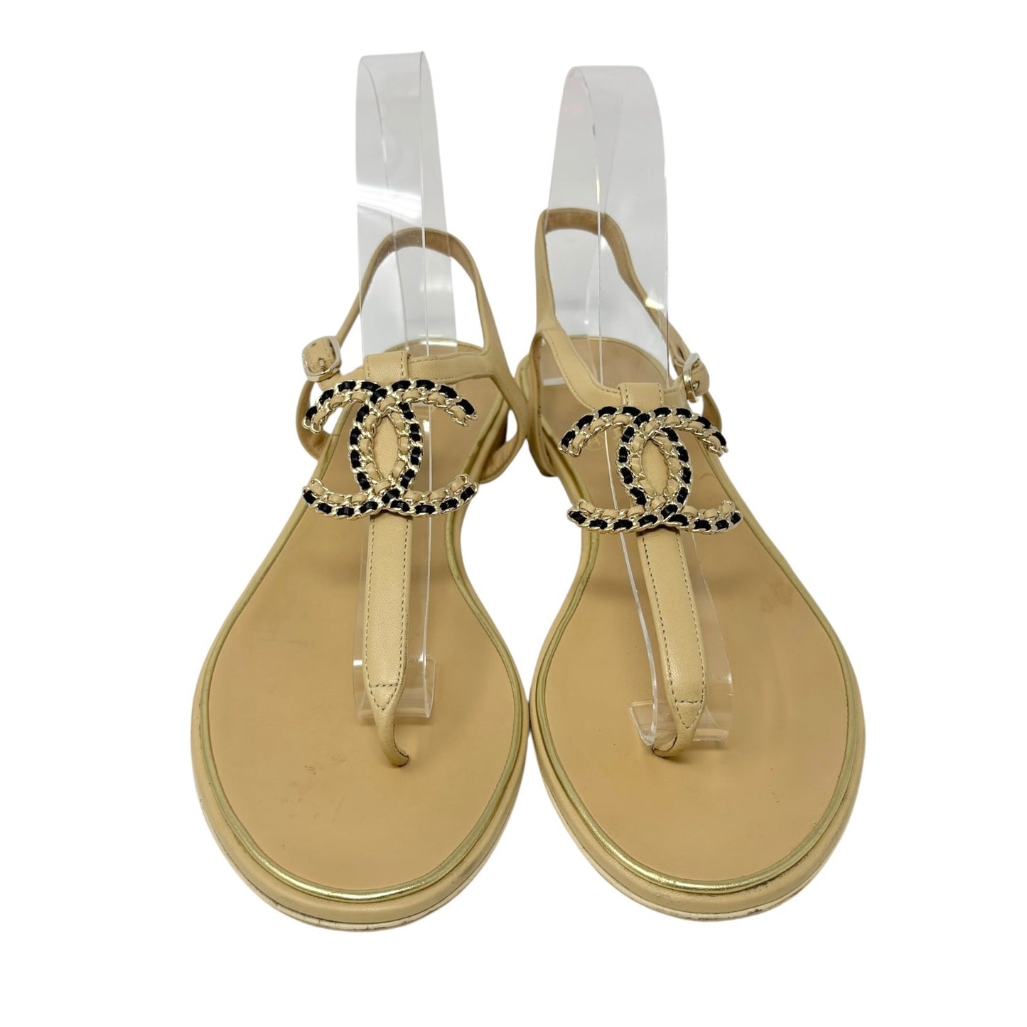 CHANEL Vintage CC Logo Thong Sandals Heels #39 Cream Gold Black Leather