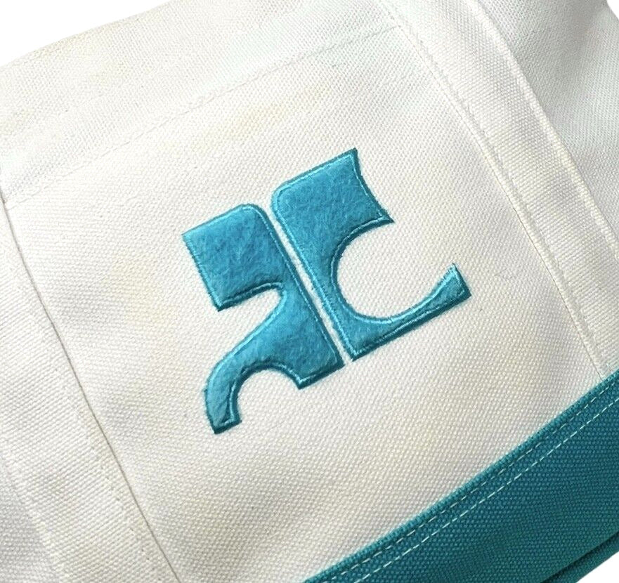 Courreges Vintage Logo Tote Bag Pocket Zip White Light Blue Cotton Rank AB
