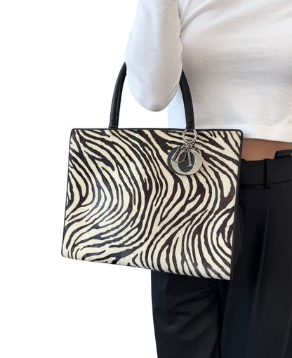 Christian Dior Vintage Logo Charm Zebra Pony Calf Hair Handbag Black 902383