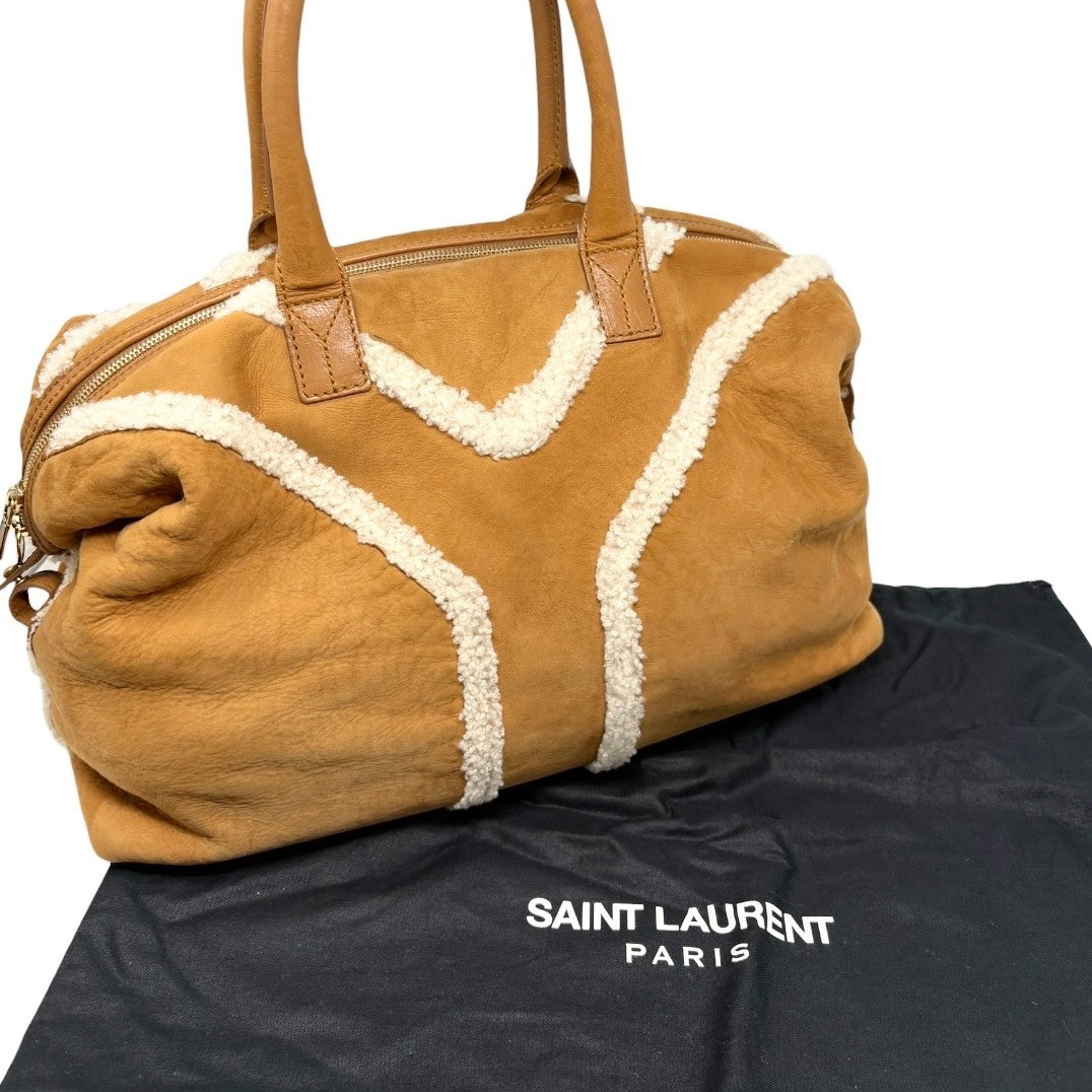 Yves Saint Laurent Vintage YSL Logo Boa Boston Bag Brown Cream Suede 902808