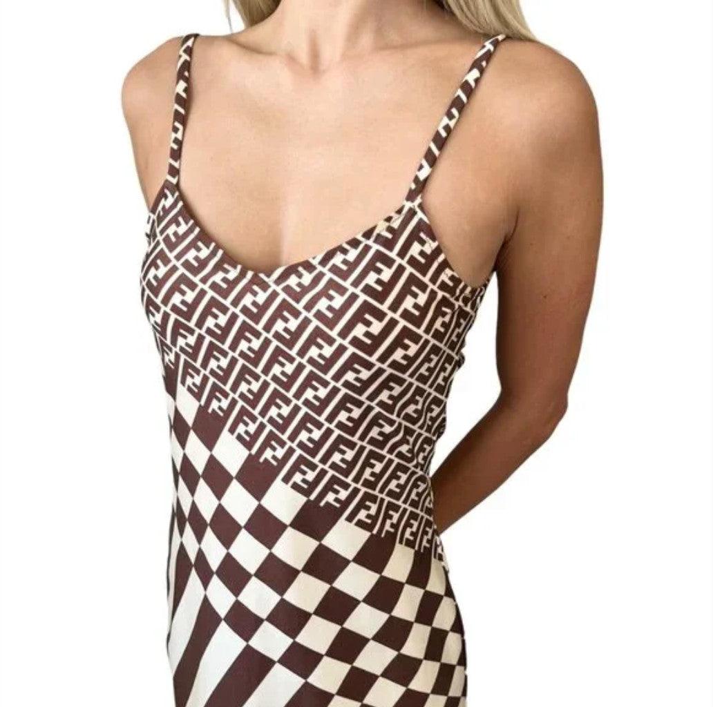 FENDI Vintage Zucca Monogram Camisole Dress One-piece #44 Brown Cream Nylon