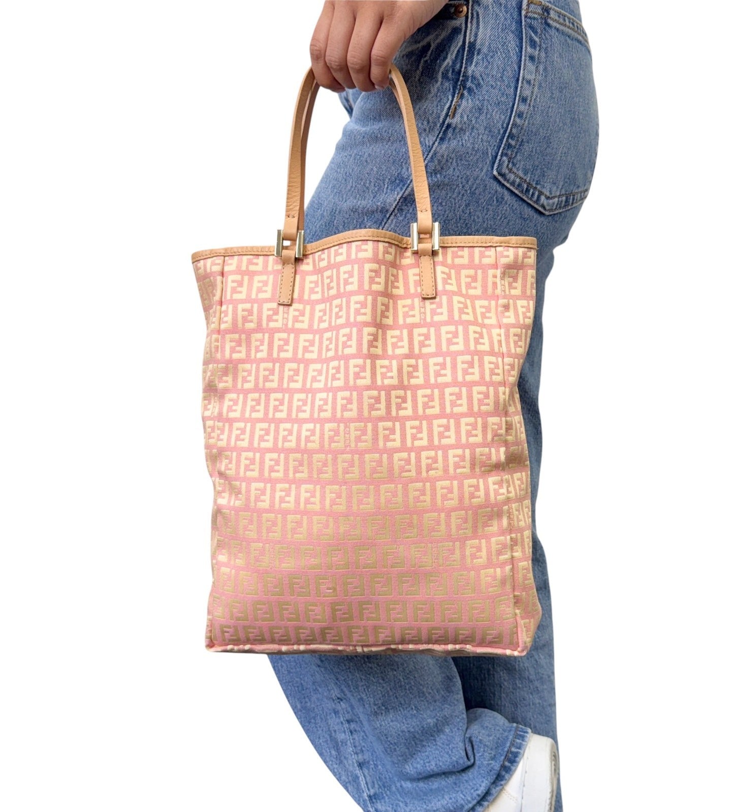 FENDI Vintage FF Logo Zucchino Tote Bag Pink Beige Canvas w/Pouch 901878