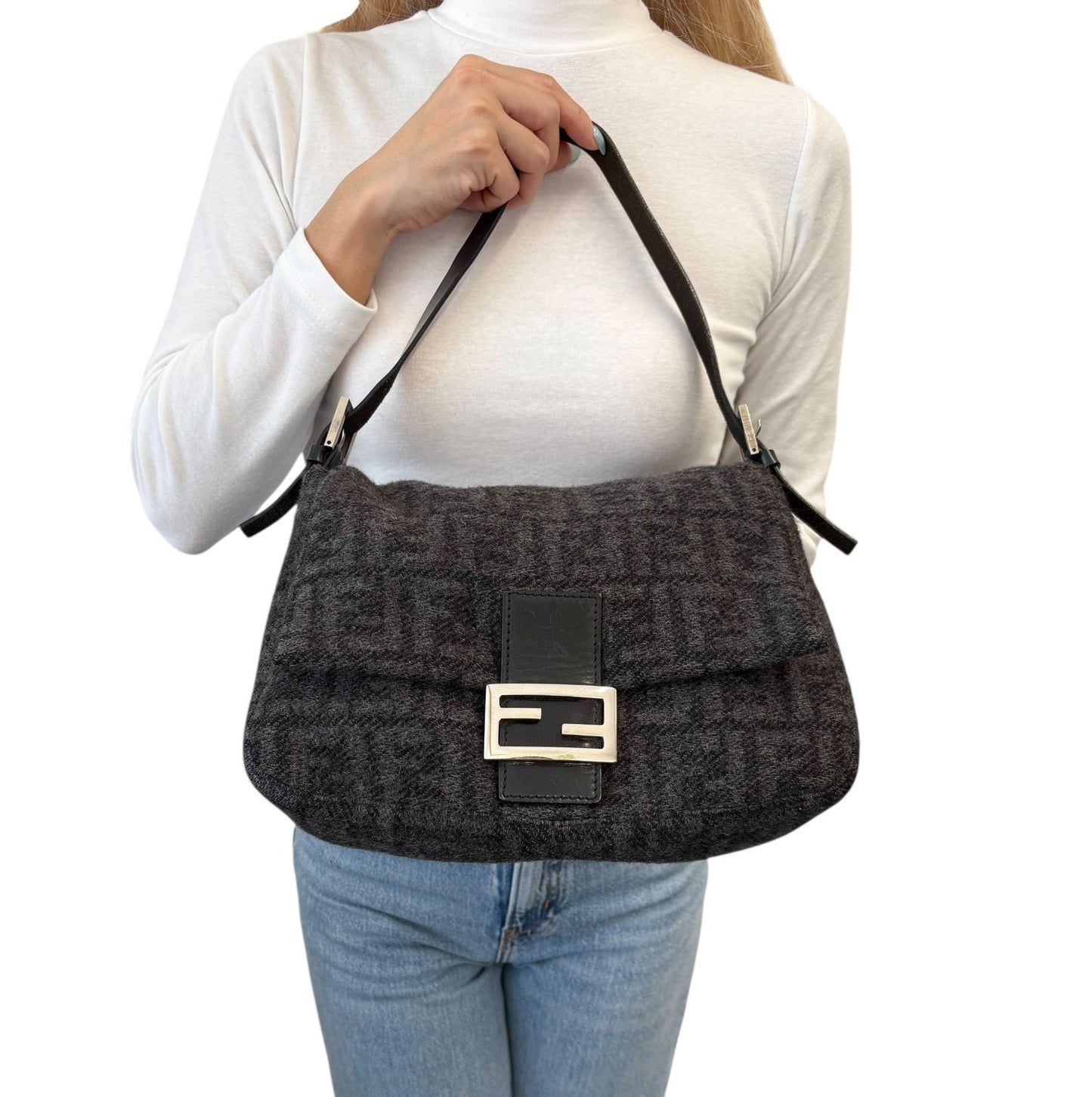 FENDI Vintage Zucca FF Logo Mamma Baguette Shoulder Bag Gray Black Wool