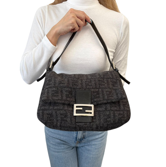 FENDI Vintage Zucca FF Logo Mamma Baguette Shoulder Bag Gray Black Wool