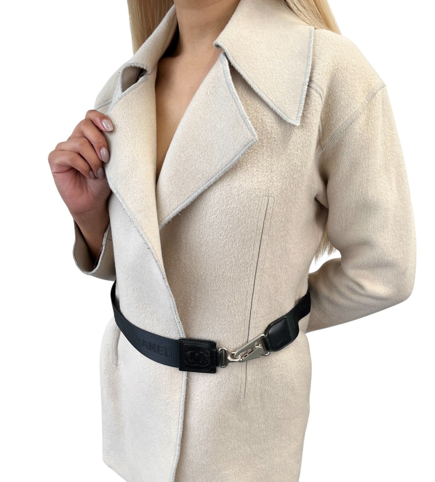 CHANEL Sport Vintage CC Mark Logo Open Front Jacket Belt Beige Black Wool