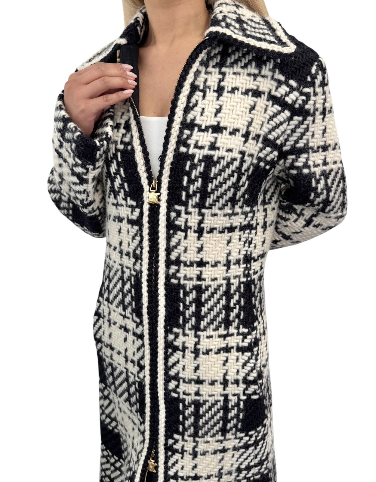 CELINE Vintage Tweed Long Jacket Coat #40 Wool Cashmere White Black