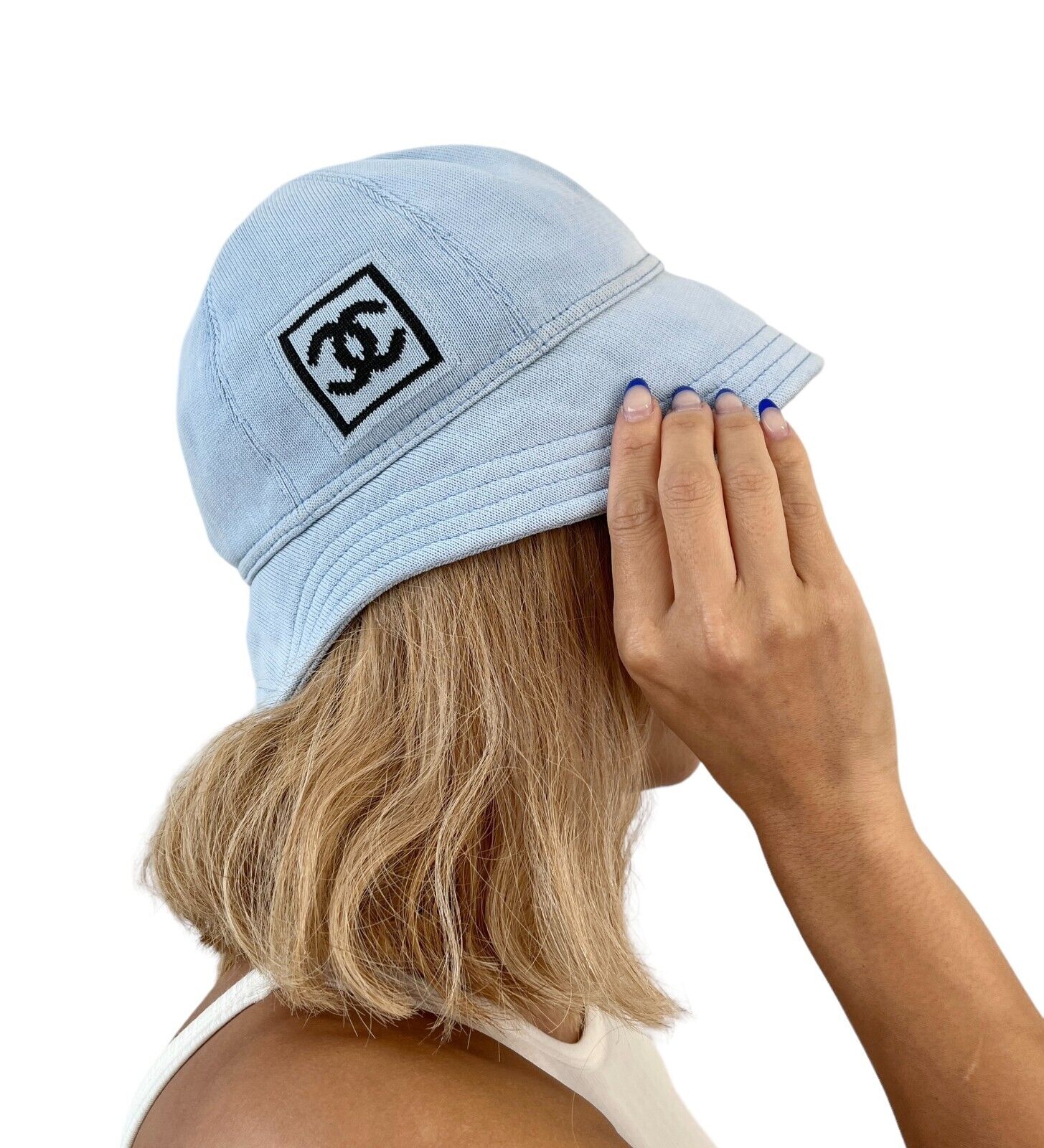 CHANEL Sport 03A Vintage CC Mark Logo Bucket Hat #M Light Blue Cotton RankAB