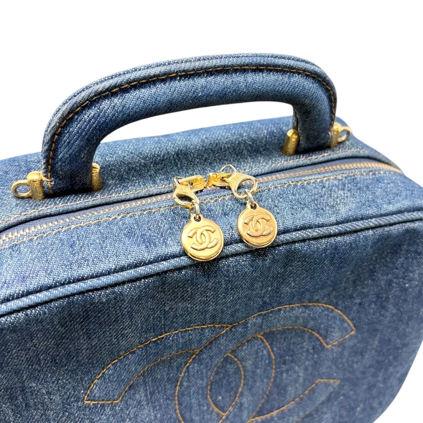 CHANEL Vintage CC Logo Denim 2way Vanity Shoulder Bag Blue Gold Handbag