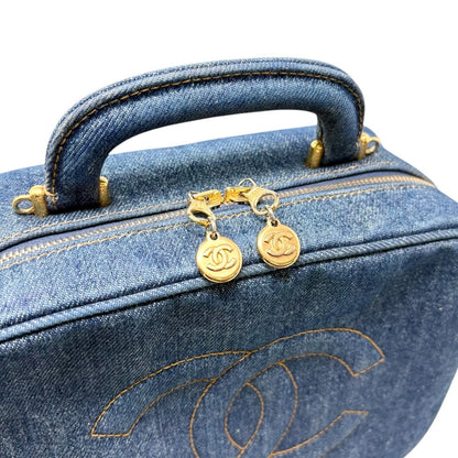 CHANEL Vintage CC Logo Denim 2way Vanity Shoulder Bag Blue Gold Handbag