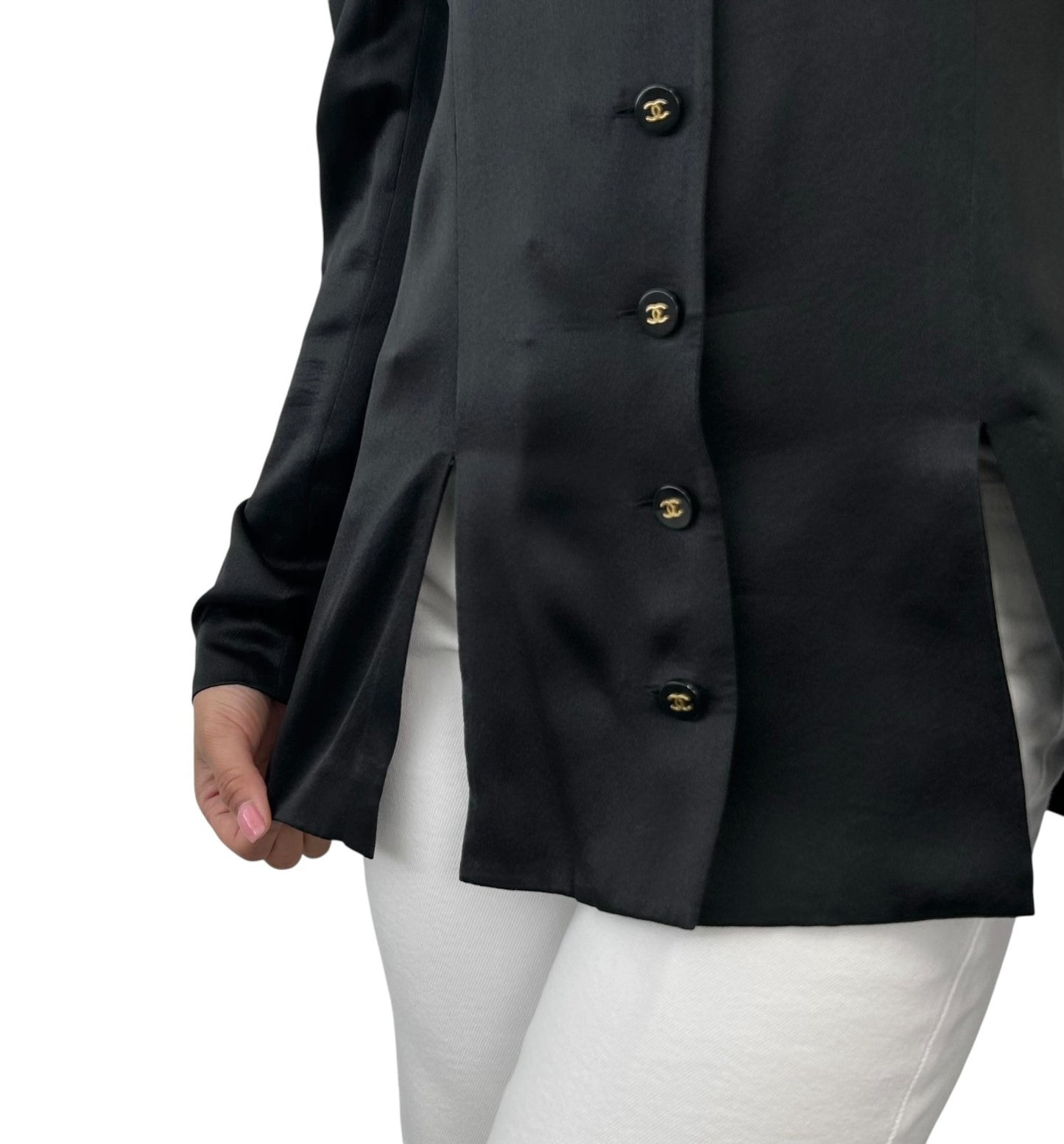 CHANEL Vintage 94A CC Logo Silk Shirt Top #38 Blouse Button V-neck Black Gold
