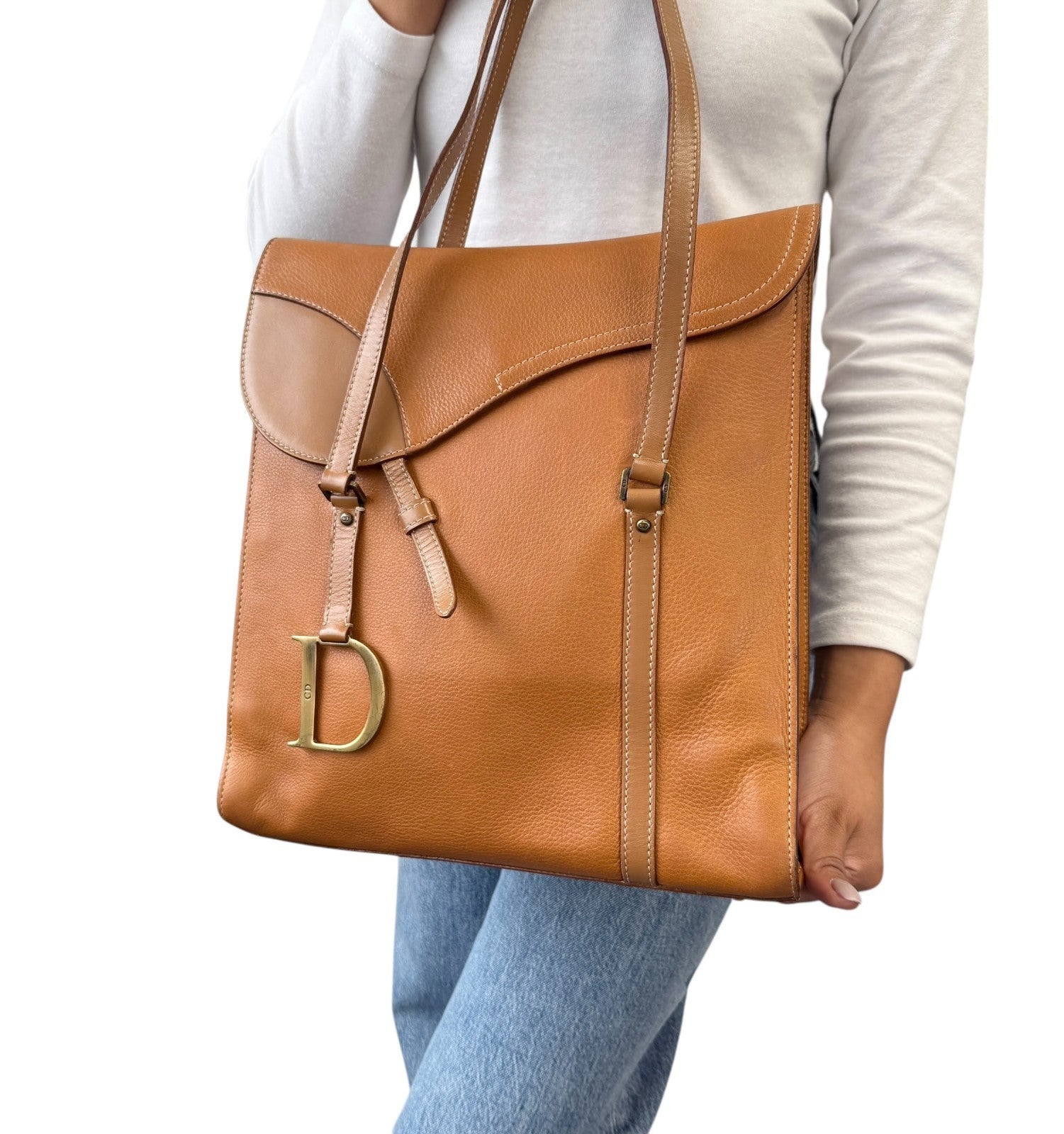 Christian Dior Vintage 2002 Logo Saddle Shoulder Tote Bag Camel Gold Leather