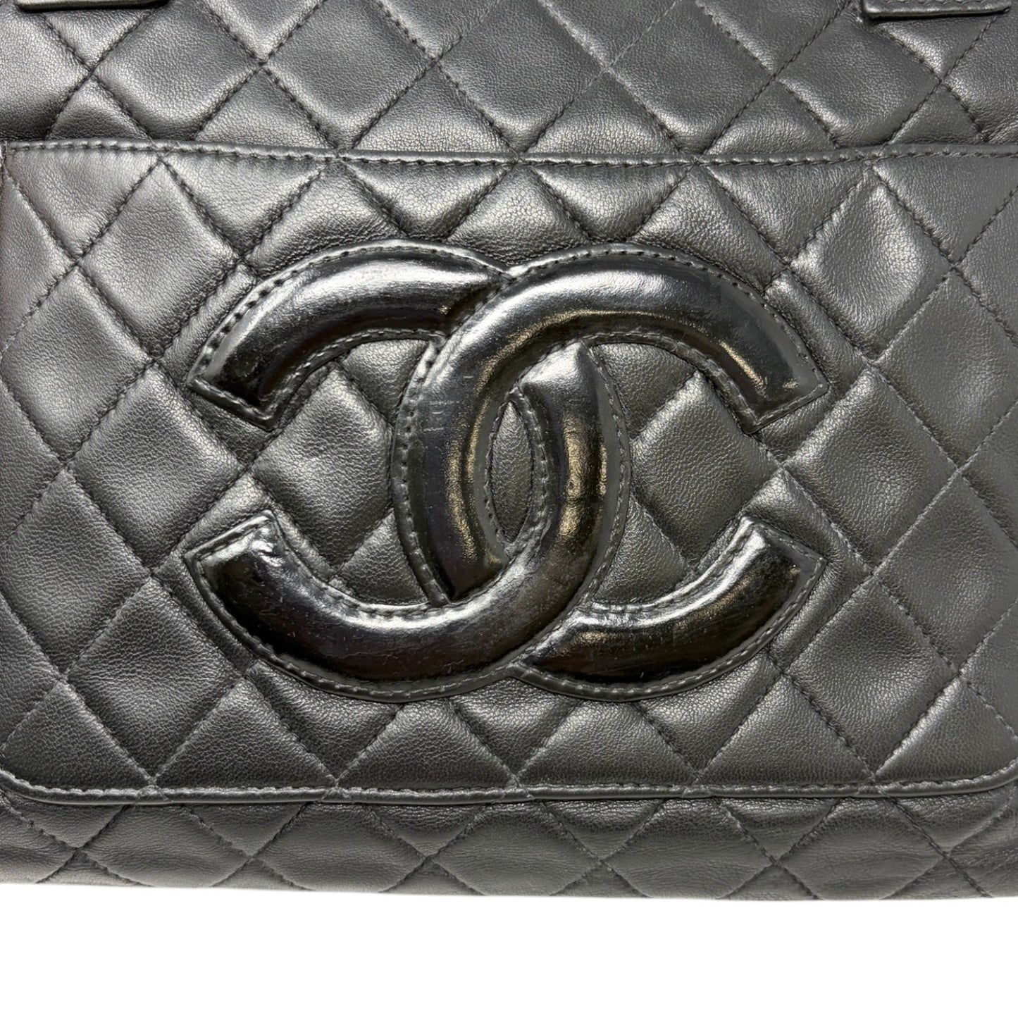 CHANEL Vintage Bic CC Logo Quilted Leather Hand Tote Bag Black Gold 902274