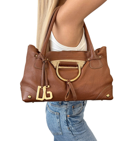 DOLCE&GABBANA Vintage DG Logo Shoulder Tote Bag Brown Gold Leather 902064