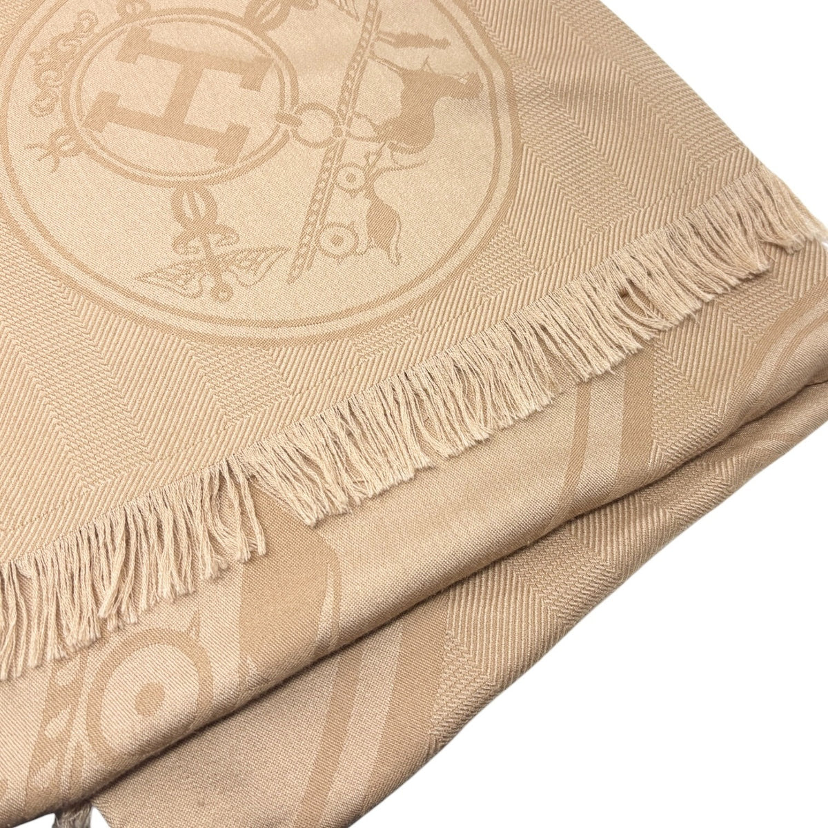 HERMES Vintage H Logo Cashmere New Libris Shawl Scarf Wrap Beige Silk 902845