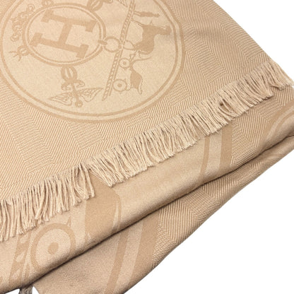 HERMES Vintage H Logo Cashmere New Libris Shawl Scarf Wrap Beige Silk 902845