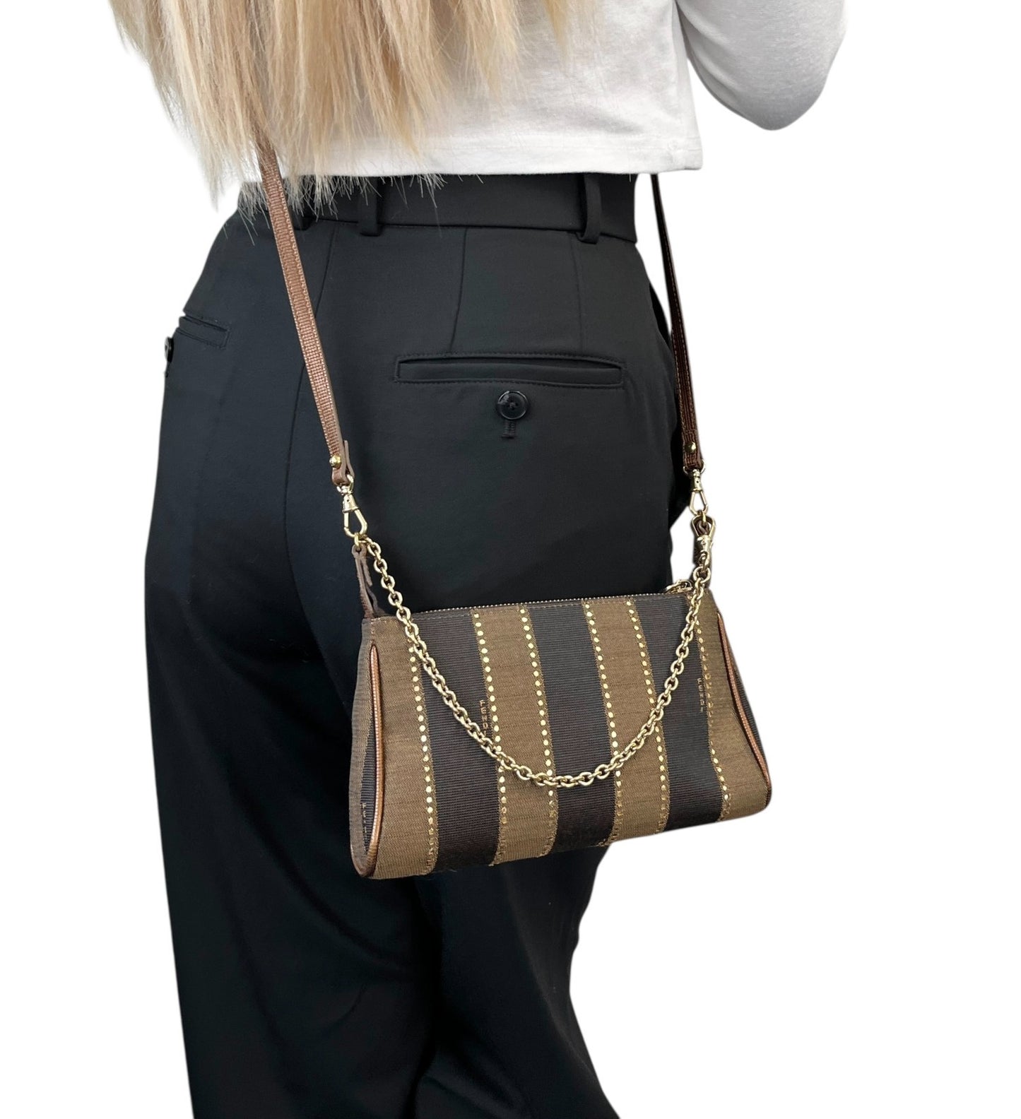 FENDI Vintage Logo Striped Canvas Shoulder Crossbody Bag Brown Black 2way Chain