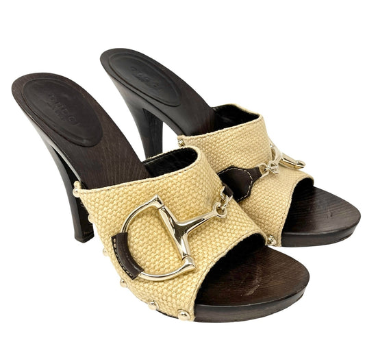 GUCCI Vintage Logo Horsebit Sandals Heels #36.5 Beige Brown Silver Cotton Wood