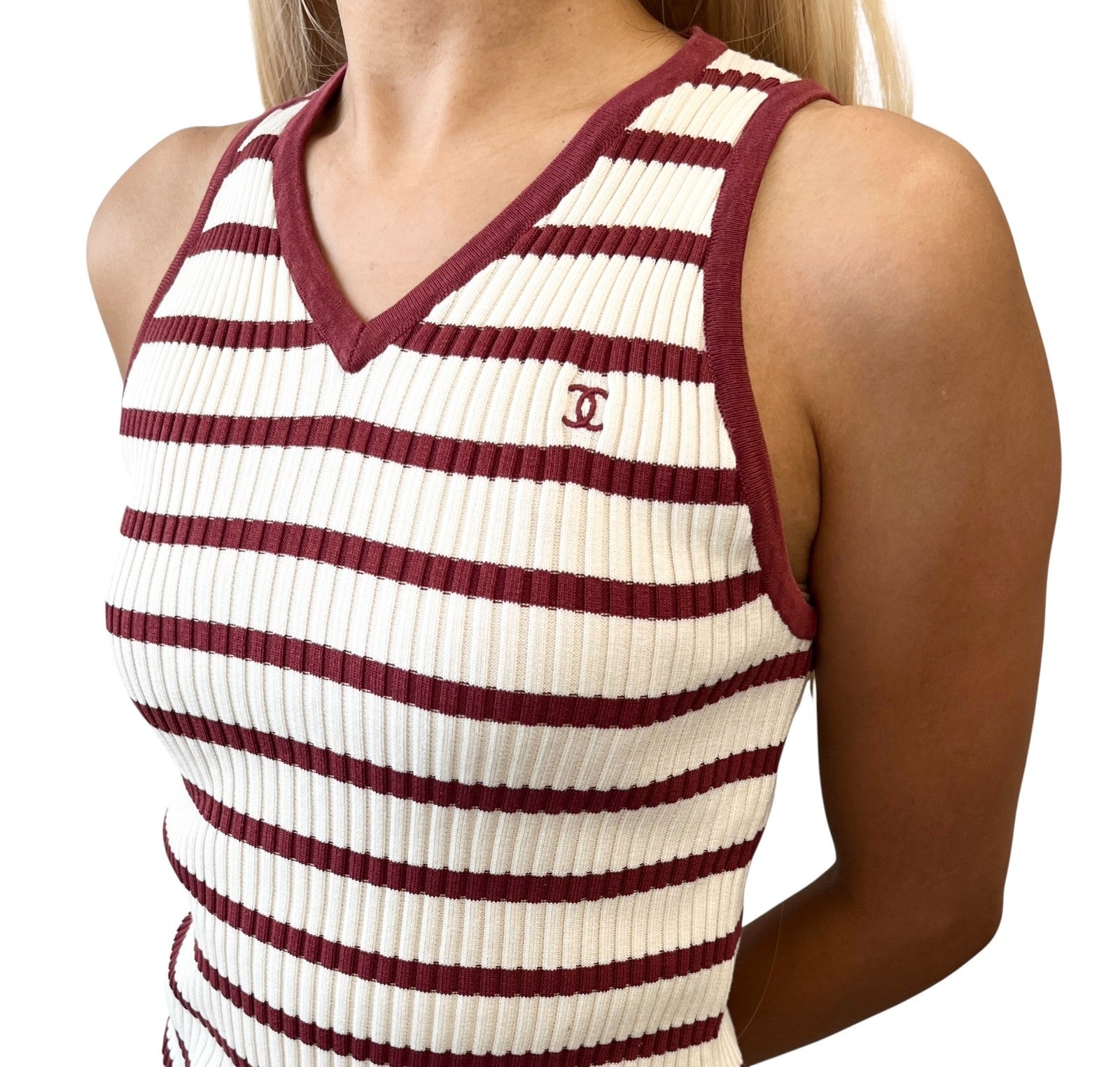 CHANEL Vintage 98P CC Mark Logo Rib Knit Tank Top Striped #40 Red White Cotton