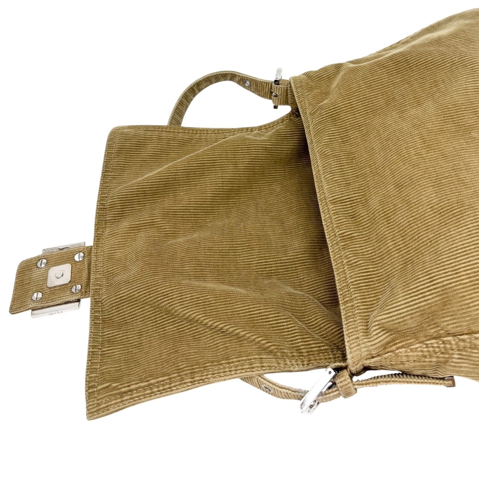 FENDI Vintage FF Logo Corduroy Mamma Baguette Shoulder Bag Light Brown Cotton