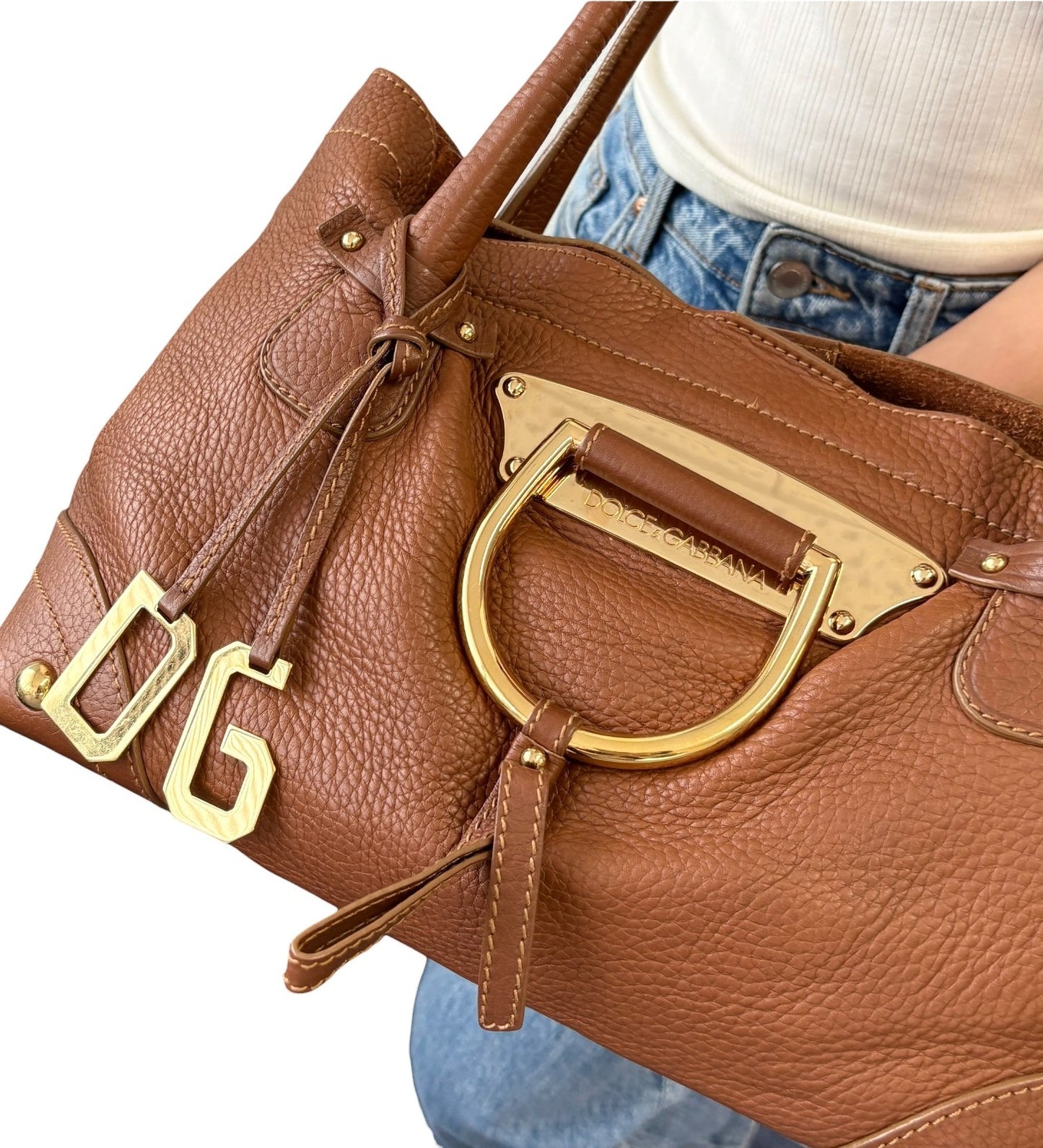 DOLCE&GABBANA Vintage DG Logo Shoulder Tote Bag Brown Gold Leather 902064