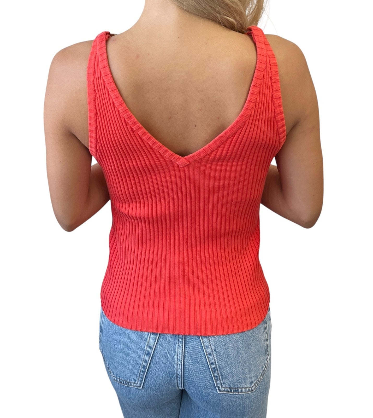 CHANEL Vintage 01C CC Gold Ring Knit Ribed Tank Camisole Top #40 Orange Cotton
