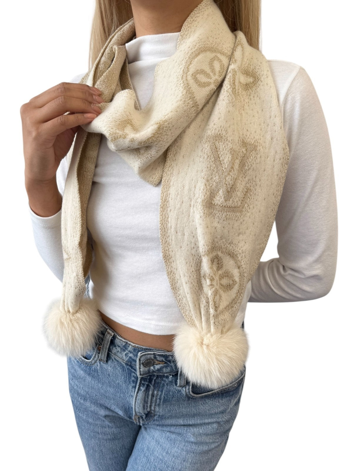 LOUIS VUITTON Vintage Monogram Shine Fox Fur Knit Scarf Shawl Cream Cashmere