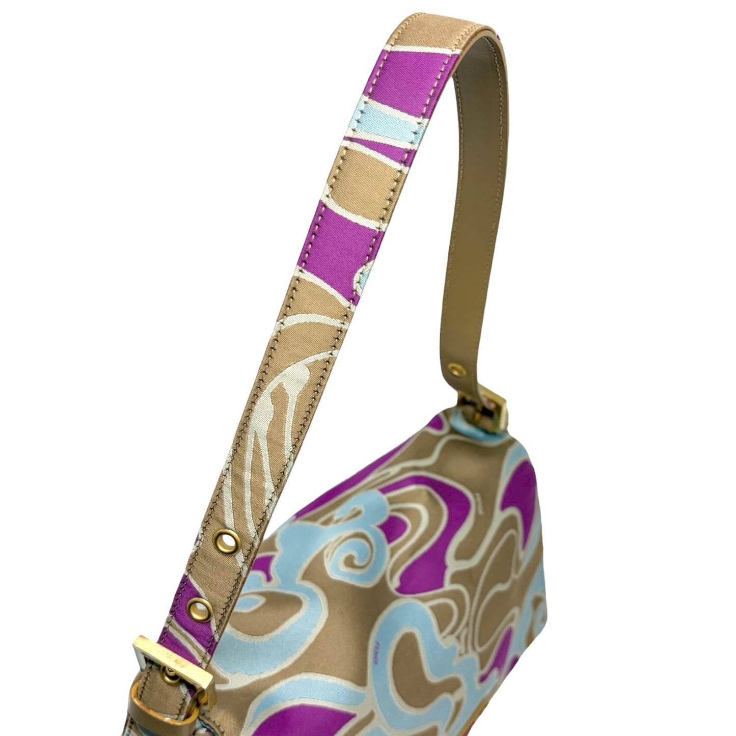 FENDI Vintage FF Logo Mamma Baguette Psychedelic Print Shoulder Bag Silk Beige