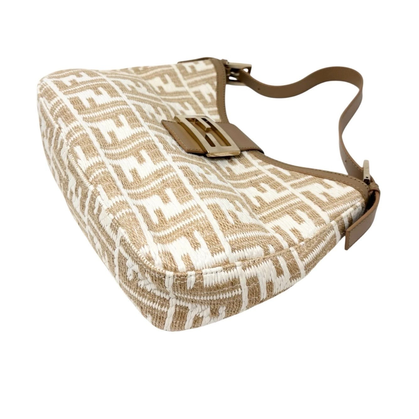 FENDI Vintage FF Logo Zucca Raffia Hobo Shoulder Bag Brown White Leather