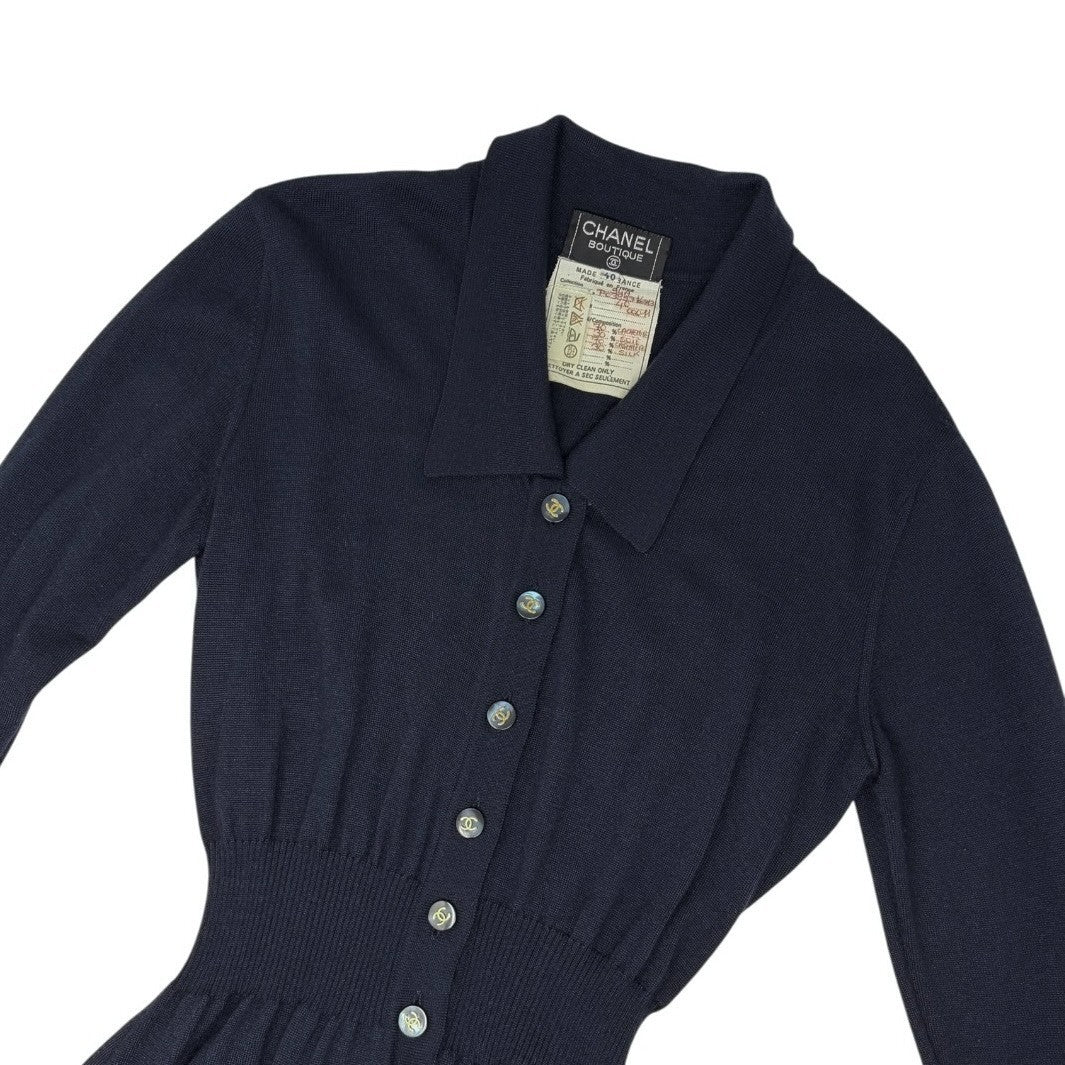 CHANEL Vintage 94A CC Button Cashmere Long Cardigan #40 Dark Blue Gold 902012