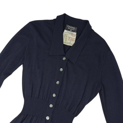 CHANEL Vintage 94A CC Button Cashmere Long Cardigan #40 Dark Blue Gold 902012