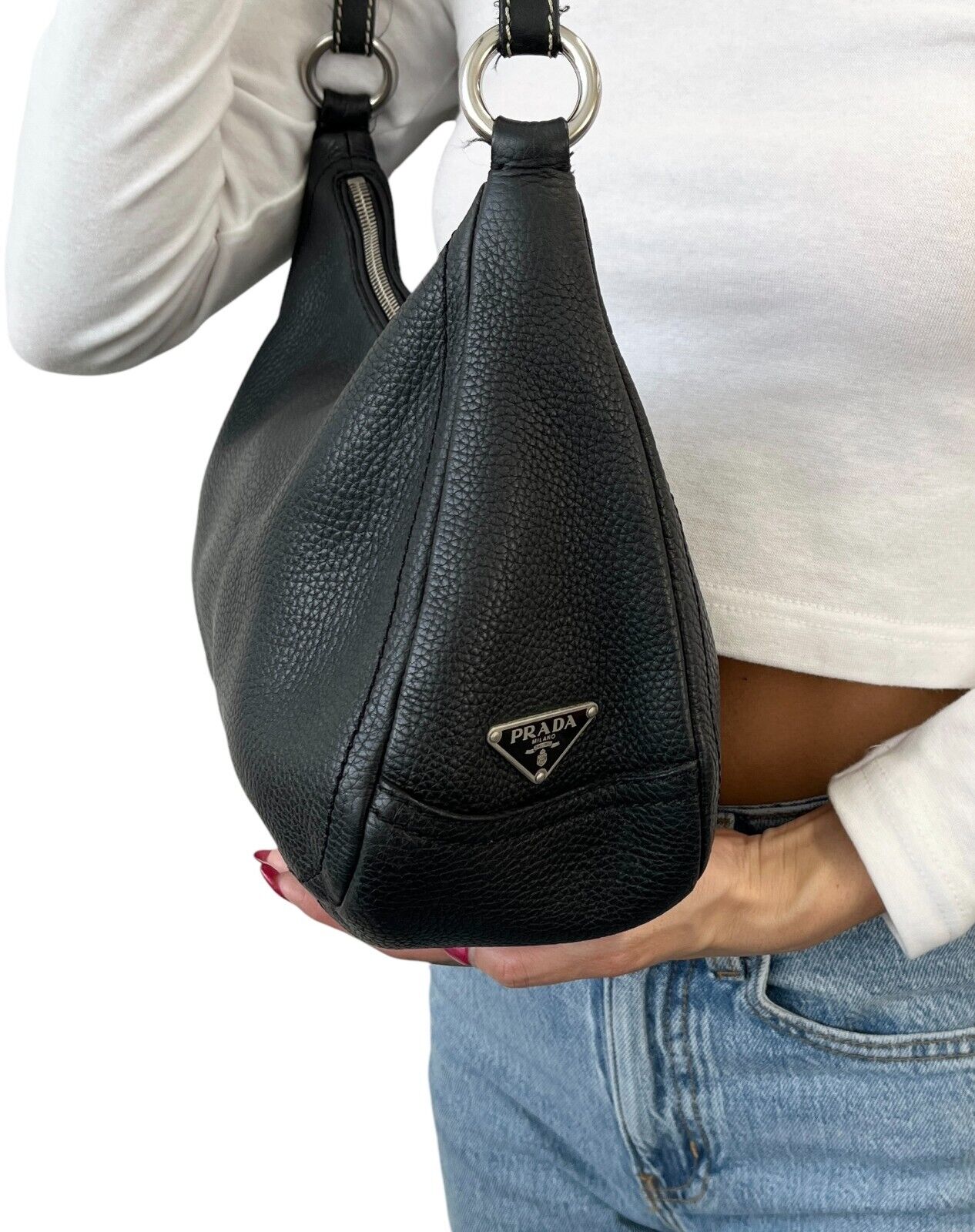 PRADA Vintage Logo Shoulder Bag Handbag Zip Stitch Black Silver Leather