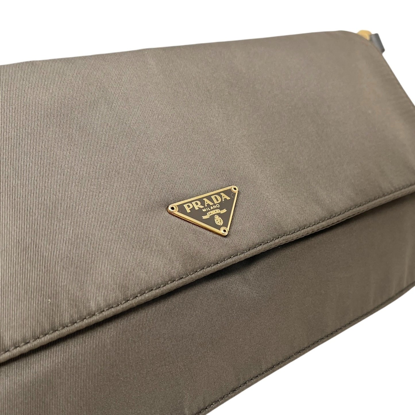 PRADA Vintage Triangle Logo Tessuto Shoulder Bag Khaki Gold Nylon 106543