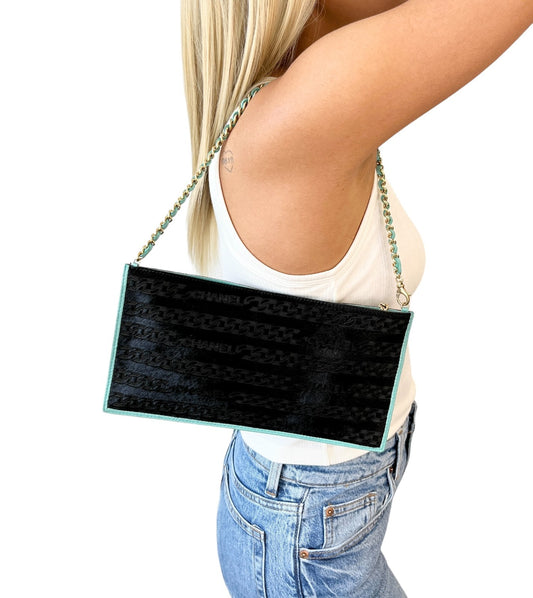 CHANEL Vintage CC Logo Pony Calf Hair Chain Shoulder Bag Black Mint Blue 902382