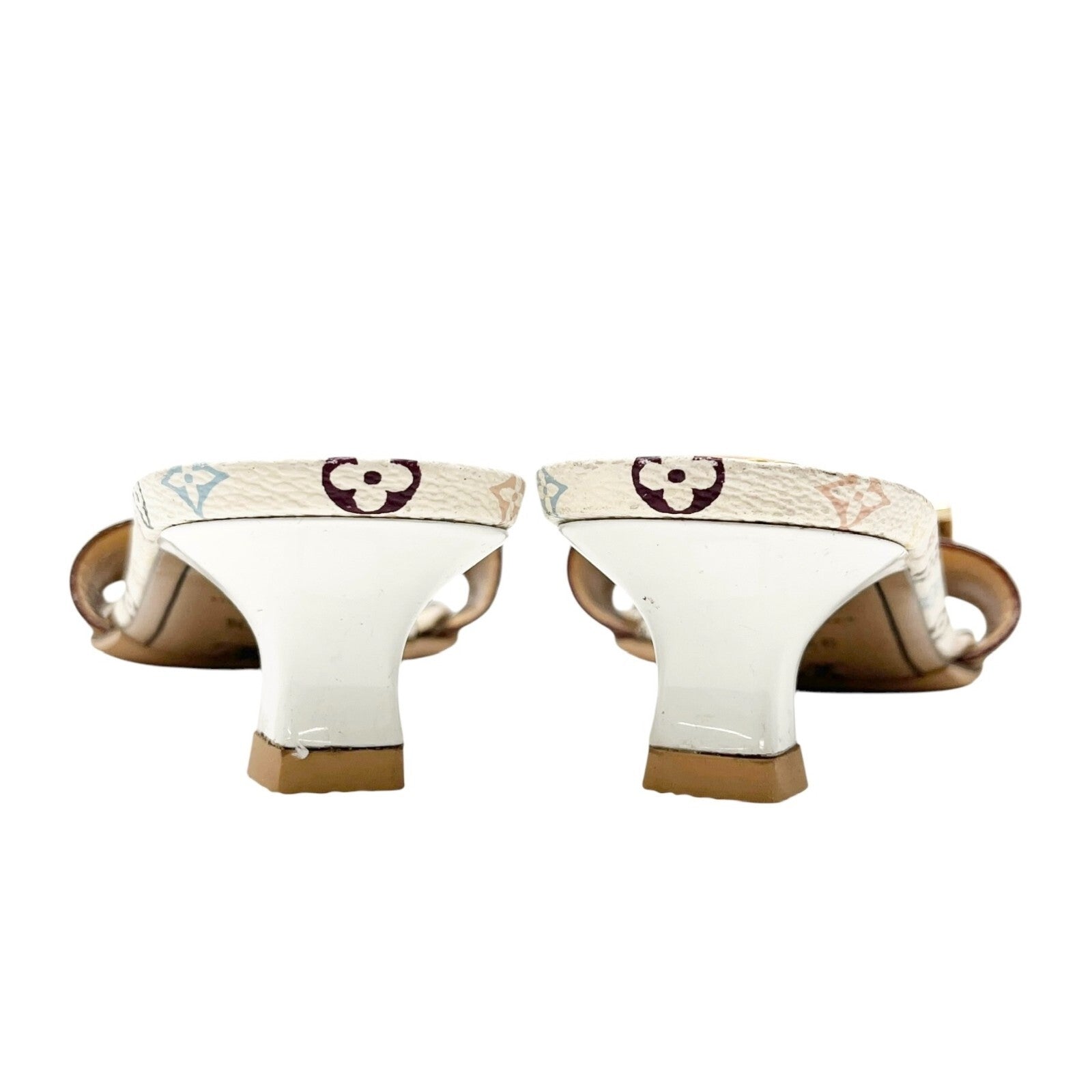 LOUIS VUITTON Vintage Multicolor Monogram Sandals Heels #37.5 White Leather