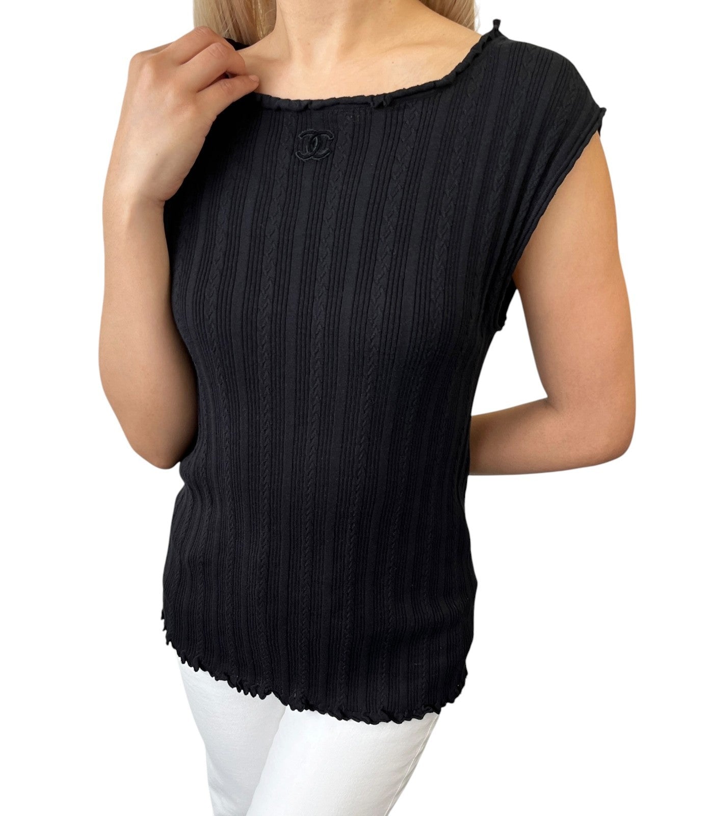 CHANEL P47979 CC Logo Rib Knit Tank Top #38 Black Sleeveless Cotton 901965