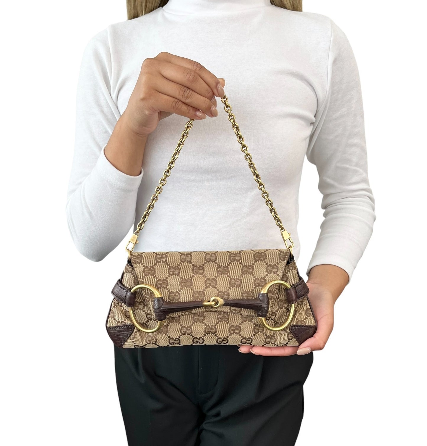 GUCCI Vintage GG Monogram Logo Horsebit Shoulder Bag Brown Gold Canvas 901880