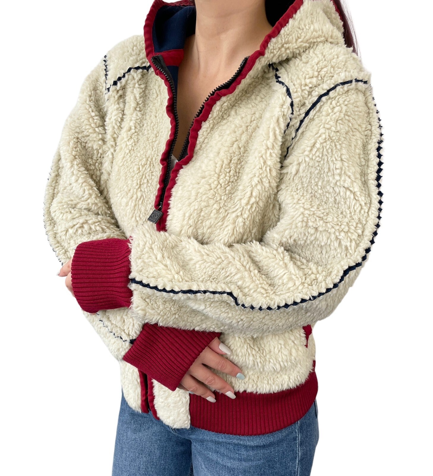CHANEL Sport Vintage 08C CC Logo Boa Jacket Hoodie #36 Ivory Red Acrylic RankAB