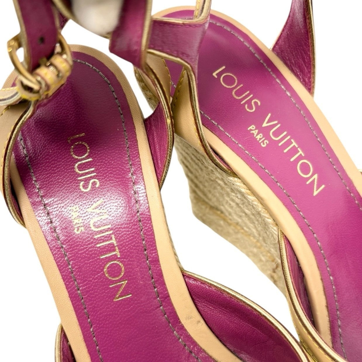 LOUIS VUITTON Vintage LV Logo Monogram Sandals #37.5 Pink Beige Canvas